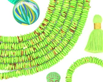 Bright Green Bone Heishi Disc Beads, 7mm, 100 beads, DIY Crafts, Beaded Jewelry Making
