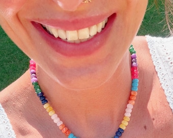 Ocean Drive Necklace: Bright, Colorful Faceted Rondelle Gemstones, Adjustable Beaded Jewelry