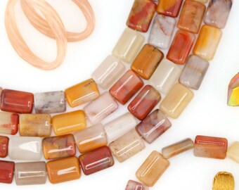 Sansha Agate Puffed Rectangle Beads, 9x12mm, Warm Autumn Colors Gemstone, DIY Crafts, Beaded Jewelry Making