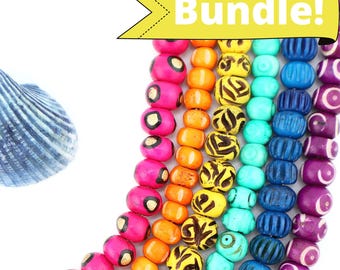 8mm Assorted Rondelle Bead Bundle: Handmade Bone Beads, Bright Rainbow, 6 Strands, DIY Beaded Jewelry, Macrame Beads, Craft Supplies