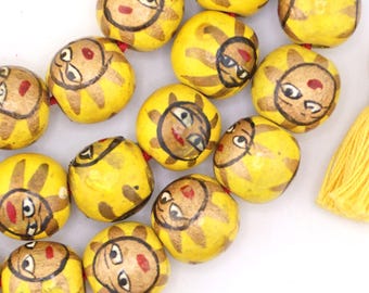 15mm Yellow Hand Painted Sun Wood Beads, 14 Beads, DIY Crafts, Macrame, Beaded Jewelry Making, Large Hole Focal Beads, Artisan Made