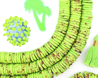 12mm Heishi Lime Green Speckled Bone Beads: Disc Spacers, 90 beads