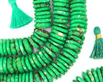 Green Large Disc Heishi Beads, Speckled Bone Beads, 21x4mm, 43 beads