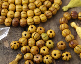 Yellow Bone Beads: Hand Carved Rondelle Melon Beads, 13x11mm, Bohemian Yoga Jewelry Making Craft Supplies, Round Boho Mala Spacers, 22 beads