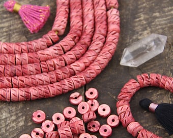Red Slant: Handmade Carved Bone Beads, Heishi Discs, 10x5mm, Large Hole, Mala Spacers, DIY Beaded Jewelry Making, Craft Supplies, 40 pieces