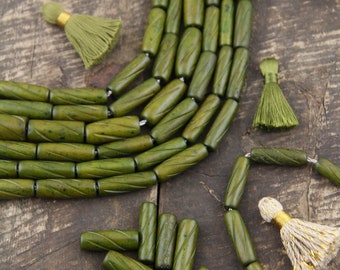 Olive Green Barrel: Large Hole Carved Bone Tube Beads, 8x25mm, Bohemian Mala Jewelry Making Supplies, Earth Toned Boho Spacers, 8 Pieces