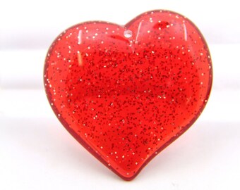 Red Glitter Heart German Resin Charm, 1.5" Pendant, 1 Piece, DIY Jewelry Making, Focal Charm, Lover Era, Translucent Red Heart