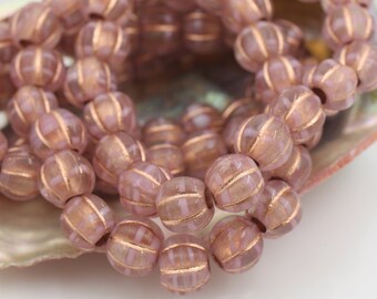 Pink Mauve Czech Glass Melon Beads, 8mm, with Copper Wash, Large Hole Beads, Rondelle Spacers, DIY Jewelry Making, Macrame Beads