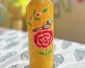 Floral Handpainted Stainless Steel Water Bottle from Kashmir, Housewarming Gift, Graduation Gift, Handmade Drinkware, Coquette Style