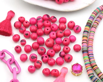 Fuchsia Dream: Real, Natural Acai Beads / South American Eco- Beads / 10mm, 100 beads / Hot Pink, Round, Large Hole / Jewelry Making Supply