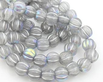 Lunar Gray Czech Glass Melon Beads, 8mm, Silver Wash Beads, Large Hole Beads, Rondelle Spacers, DIY Jewelry Making, Macrame Beads