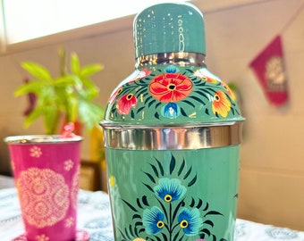 Floral Handpainted Stainless Steel Cocktail Shaker, from Kashmir, Cottagecore, Coquette Style, Hostess Gift, Housewarming