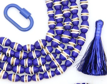 Bone Beads: Navy Barrel Tube Beads w/ White & Gold Stripes, 7x12mm, DIY Jewelry Making, Macrame Beads, Striped Bead Charms