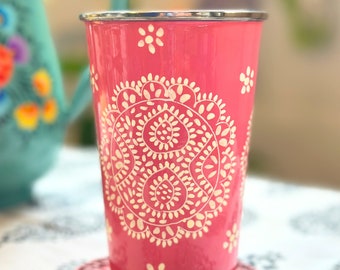 Floral Handpainted Stainless Steel Tumbler Cup, from Kashmir, Drinking Glass, Housewarming, Hostess Gift, Drinkware, Coquette Style