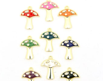 Mushroom Charm, Enamel & Crystal, 14K Gold Plated, 21x21mm, 1 pc, Enamel Pendant, DIY Jewelry Making, Cottagecore Style, Focal Charm