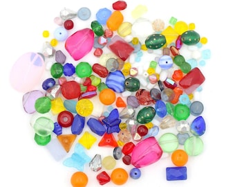 Glass Bead Grab Bag, Firepolish, Faceted, Pressed Glass Bead Soup, Assorted Shapes, DIY Jewelry Making, Unique Focal Beads, 125+ Beads