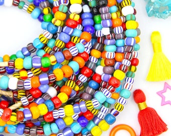 Ghana Glass : Bright Multi Color Solid & Striped Beads, Assorted Sizes, 7-9mm, Colorful Rondelle Spacer Beads, Bohemian Tribal, 100+ pieces