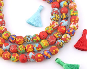 14-15mm Round Multi-Colored Mosaic Sandcast Ghana Glass Beads, Recycled African Glass, 47 pcs, Boho Jewelry Making Supplies, Festive Beads