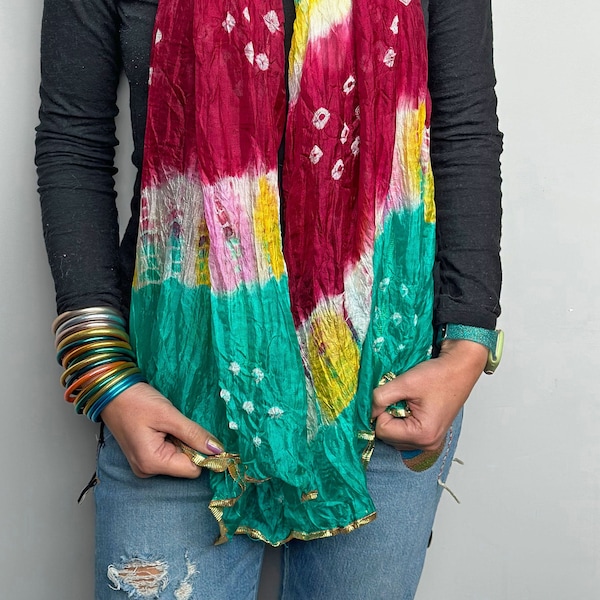 Multicolor Bandhani Tie-Dye Chiffon Dupatta Scarf, Lightweight Scarves, Silk Shawl, Rainbow Wrap, Boho Accessories, Colorful Fabric