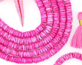 Bright Pink Bone Heishi Disc Beads, 7mm, 100+ beads, DIY Craft, Macrame, Beaded Jewelry, Pink Spacers, Hand Carved Bone