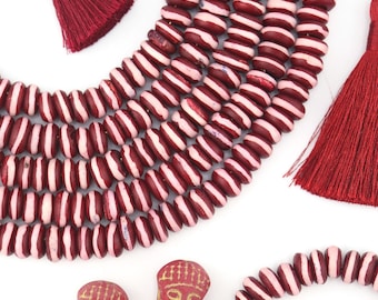 10mm Burgundy with White Stripe Bone Heishi Spacer Beads, 60 beads