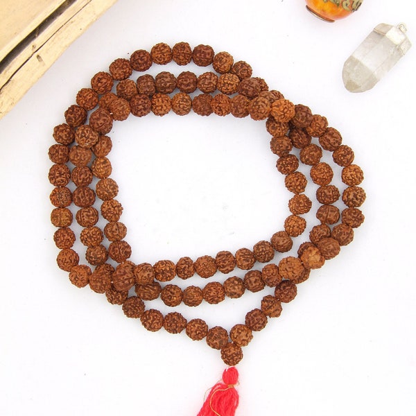 108 Rudraksha Mala voor meditatie, gebed kralen ketting, 10mm, bruin hout Mala kralen, natuurlijke rocailles, yoga cadeau, opzettelijke sieraden