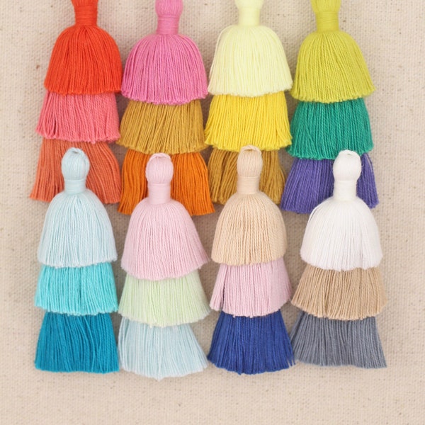 NEW 3 Layered Tiered Tassel for Earrings, Stacked Tassel Pendant, Ombre Tassel Charms for Jewelry, Handmade Cotton Tassles, 3", 1 piece