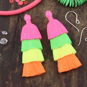 Neon Tiered Tassels, 3 Handmade Cotton Tassel for Earring/Necklace Making, Jewelry DIY, Fluorescent Ombre, Layered Fringe Tassels, 2 pieces image 3