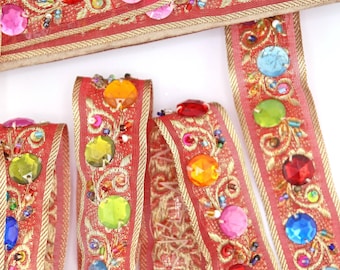 Bejeweled Rainbow Sari Trim from India, Dusty Rose with Beads, Rhinestones, 1" Ribbon, by the yard