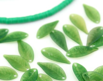 Matte Green Resin Leaves, German Resin Charms, 21x9mm, 5 Beads