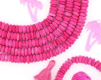 Carved Magenta Pink Donut Disc Bone Beads, 10x5mm, 50 beads, DIY Crafts, Macrame, Beaded Jewelry Making