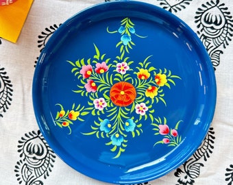 Floral Handpainted Stainless Steel Small Tray, from Kashmir,  7" Decorative Tray, Bohemian Home Decor