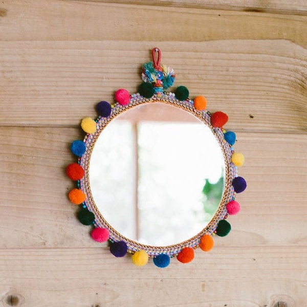 Pom Pom Mirror: Boho Eclectic Home Decor, Cotton PomPoms, 9" Round Wall Hanging from India, Assorted Bright Multicolor Rainbow, Bohemian