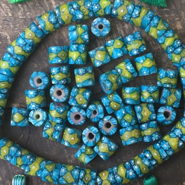 Antique Italian Blue Green Flower Millefiori Cane Glass Beads 13x12mm, Rare Collectible Jewelry Making Supply, African Trade Beads, 1 bead