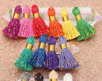 Mini Cotton & Sparkly Tinsel Tassels, GOLD Binding, 1.25" Fringe Pendant, DIY Jewelry Making, Handmade in India