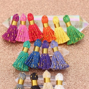 Mini Cotton & Sparkly Tinsel Tassels, GOLD Binding, 1.25" Fringe Pendant, DIY Jewelry Making, Handmade in India