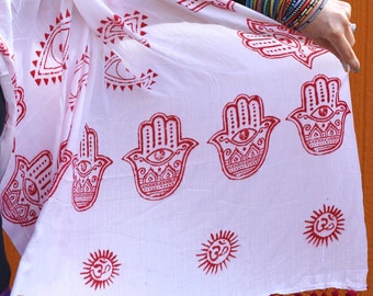 Bufanda con estampado de ojo turco, mano de Fátima y símbolo Om: ribete de pompones, roja y blanca, bufanda grande, estilo boho, para yoga, buena vibra, buena suerte