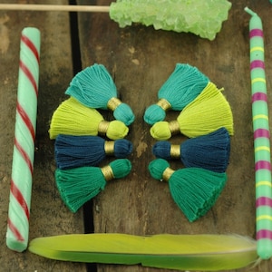 Blue Green Mix Mini Tassels: Short Cotton Tassels, Handmade  1.25&quot; Fringe Charm, DIY Crafts, Shoe Charm, Keychain, Jewelry Making, 8 pcs