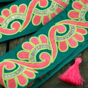 Teal Neon Swirl: Bright Summer Embroidered Silk Trim, Ribbon, Sari Border, India 2 1/4"x1 Yard, Bright Fancy, Craft, Sewing Supplies