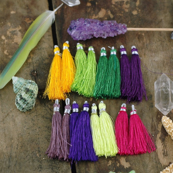Plums & Citrus Mix / Silk Tassels from India / Purple, Green, Yellow Jewelry Tassels / Boho Tassels for Making Jewelry / 2" / 16 pieces