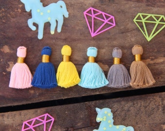 Mini Tassels: Spring Mix, Short Cotton Tassels, Gold Binding, DIY Jewelry Making, 1.25" Fringe Pendant, Pink, Yellow, Blue, 6 Pieces