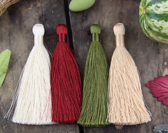 Earthy Holiday Tassel Mix, Original Silky Luxe: Burgundy, Mossy Green, Cream, Toasted Almond, Jewelry Making Supplies, 3.5" Fringe, 4 Pcs