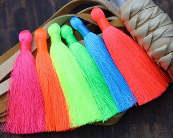 Neon Tassels, 3 Fluorescent Silky Handmade Large Tassels, Bohemian Jewelry Making Tassels, DIY Craft Supplies, 3.5", You Choose 3 Colors