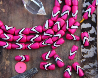 Bright Pink Teardrop : Hand Painted Chevron Bone Beads, 6x12mm, 16 Large Hole beads, Stained, Painted Cow Bone, Craft, Jewelry Making Supply