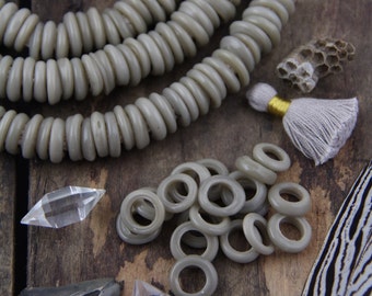 Grey Dutch Donut Dogon Beads, Mali, Africa, Large Hole Glass Beads, Neutral Fall Boho Bohemian Tribal 11-12mm, Jewelry Making Supply, 10 pcs