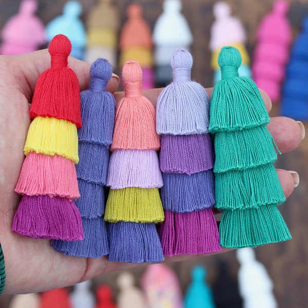 4 Layered Tiered Tassels, Handmade Cotton Fringe, Stacked Fabric Pendant, 3" Ombre Charms, DIY Crafts, Jewelry Making, Earrings, Tassles