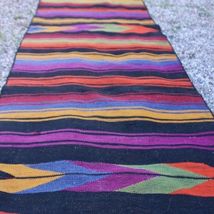Vintage Anatolian Turkish Kilim Runner, Hand Woven Wool Rug, 2&#39;3 x 9&#39;8, Boho Wall Hanging, Geometric Striped Decor, Colorful Keepsake