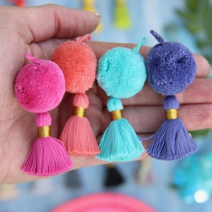 Pom-Tassel Charm NEW Design, 2.75&quot; Handmade Cotton Pom Pom Tassel for Earring/Necklace Making, DIY Jewelry Making, Fringe Charm,  1 piece