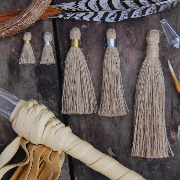 Natural Jute Shabby Handmade Tassels, Silver and Gold Binding, Assorted Sizes, Designer Quality, Rustic Jewelry Making, Charm, Supply