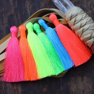 Neon Tassels, 3 Fluorescent Silky Handmade Large Tassels, Bohemian Jewelry Making Tassels, DIY Craft Supplies, 3.5", You Choose 3 Colors